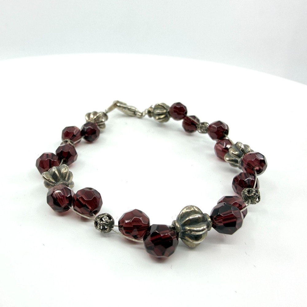 Vintage Gothic Deep Red Faceted Crystal Bead Strand Bracelet Silver Tone Accents